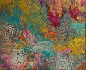 Abstract acrylic painting with flowing gold, magenta, turquoise, and rose tones blending in radiant, springlike motion.