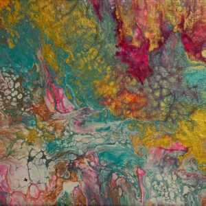 Abstract acrylic painting with flowing gold, magenta, turquoise, and rose tones blending in radiant, springlike motion.