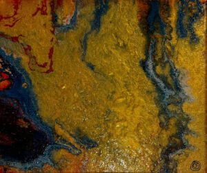 Abstract acrylic painting with molten gold blending into deep indigo, accented by crimson and umber threads creating dramatic contrasts of light and shadow.