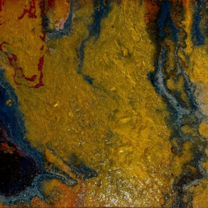 Abstract acrylic painting with molten gold blending into deep indigo, accented by crimson and umber threads creating dramatic contrasts of light and shadow.