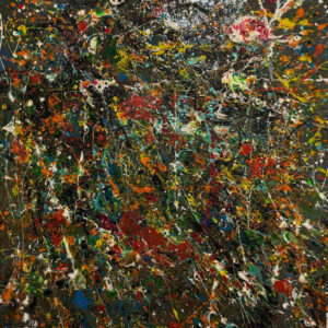 Abstract acrylic painting with dynamic currents of crimson, gold, and black colliding across the canvas, with flickering light-like specks creating an electric, suspended-motion effect.