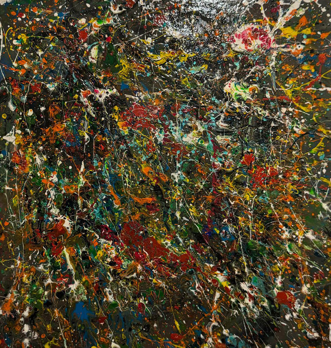 Abstract acrylic painting with dynamic currents of crimson, gold, and black colliding across the canvas, with flickering light-like specks creating an electric, suspended-motion effect.