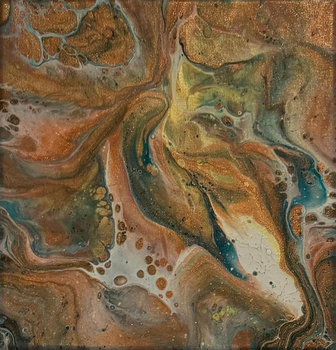 Abstract acrylic painting with layered metallic and earth-toned hues resembling shifting minerals, clay, and weathered textures shaped by erosion.