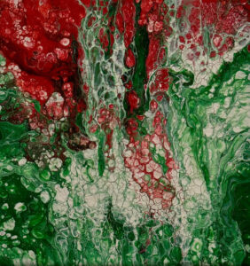 Abstract acrylic painting with emerald rivers and crimson veins flowing through layered textures, resembling explosive organic growth in motion.
