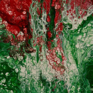 Abstract acrylic painting with emerald rivers and crimson veins flowing through layered textures, resembling explosive organic growth in motion.