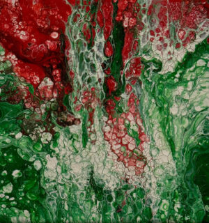 Abstract acrylic painting with emerald rivers and crimson veins flowing through layered textures, resembling explosive organic growth in motion.