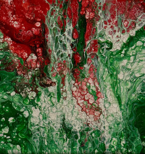 Abstract acrylic painting with emerald rivers and crimson veins flowing through layered textures, resembling explosive organic growth in motion.