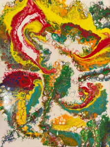 Abstract acrylic painting with dynamic swirls of crimson, gold, and turquoise flowing in energetic, celebratory motion.