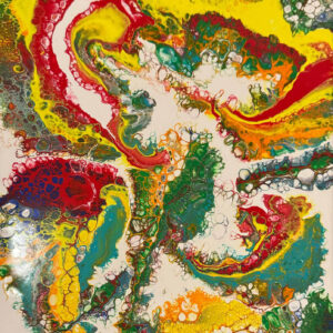 Abstract acrylic painting with dynamic swirls of crimson, gold, and turquoise flowing in energetic, celebratory motion.