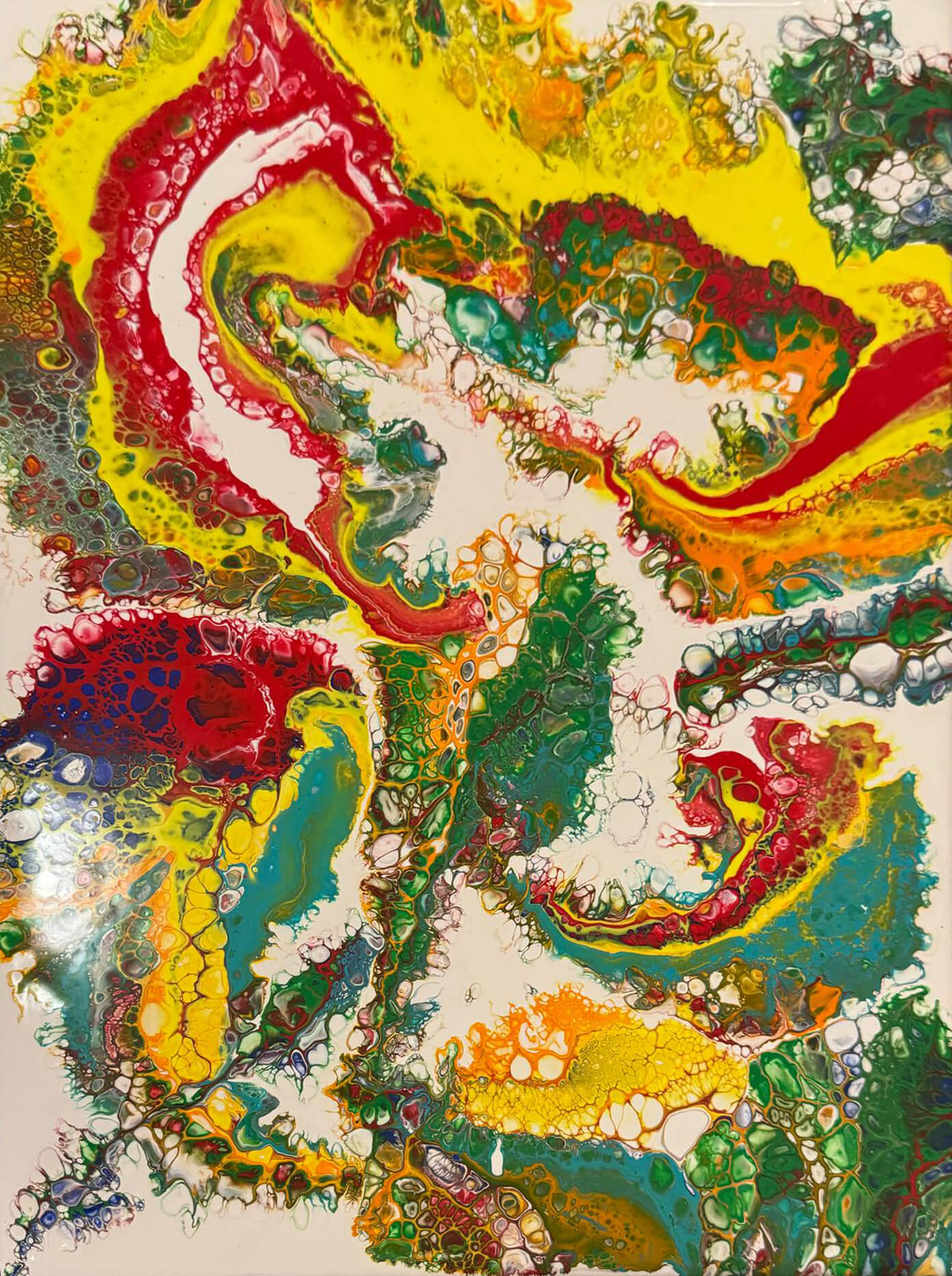 Abstract acrylic painting with dynamic swirls of crimson, gold, and turquoise flowing in energetic, celebratory motion.