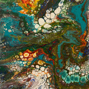Abstract acrylic painting with flowing teal, orange, and deep green rivers of color, featuring cellular patterns emerging from dynamic, shifting motion.