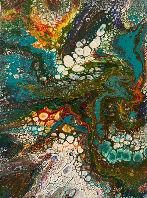 Abstract acrylic painting with flowing teal, orange, and deep green rivers of color, featuring cellular patterns emerging from dynamic, shifting motion.
