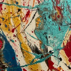 Abstract acrylic painting with flowing turquoise, ochre, and vermilion hues, layered in dynamic, celebratory motion across the canvas.