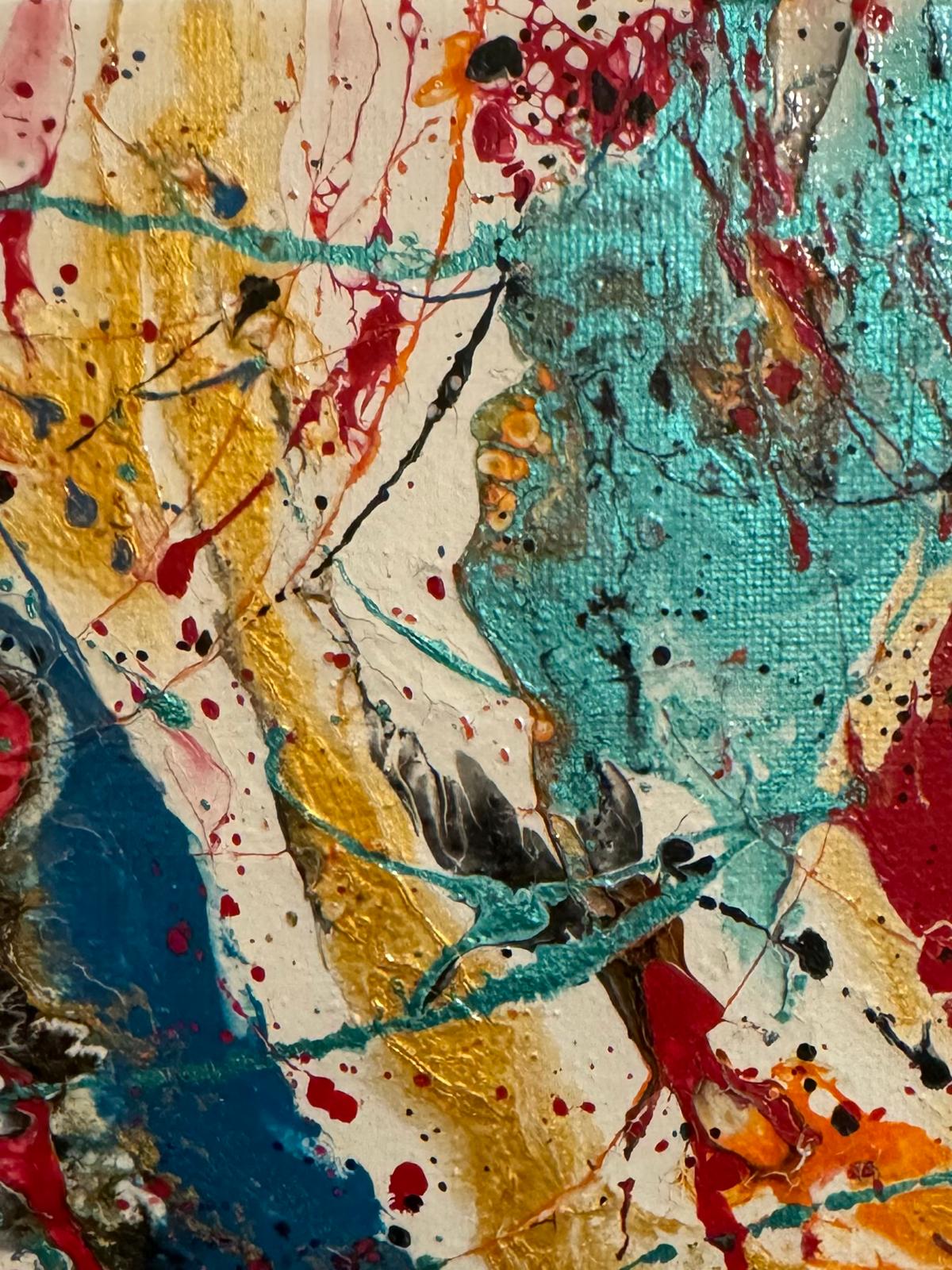 Abstract acrylic painting with flowing turquoise, ochre, and vermilion hues, layered in dynamic, celebratory motion across the canvas.