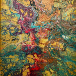 Abstract acrylic painting with fiery red, gold, amber, and emerald tones flowing and twisting together in a molten, organic composition with dynamic texture.