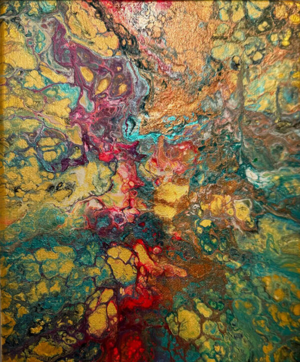 Abstract acrylic painting with fiery red, gold, amber, and emerald tones flowing and twisting together in a molten, organic composition with dynamic texture.