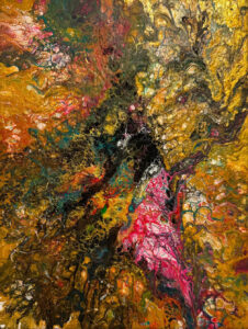 Abstract acrylic painting with flowing crimson, gold, amber, and emerald tones forming molten, vein-like patterns with dynamic movement and layered texture.