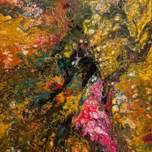 Abstract acrylic painting with flowing crimson, gold, amber, and emerald tones forming molten, vein-like patterns with dynamic movement and layered texture.