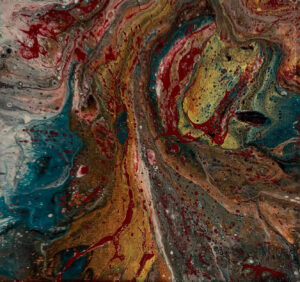 Abstract acrylic painting with molten red, gold, teal, and grey ribbon-like shapes flowing together in a dynamic, eruptive composition.