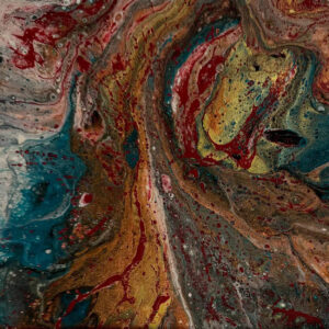 Abstract acrylic painting with molten red, gold, teal, and grey ribbon-like shapes flowing together in a dynamic, eruptive composition.