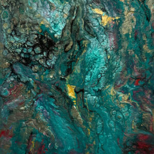 Abstract acrylic painting featuring layered turquoise, gold, crimson, and earth tones flowing across a textured surface that evokes a quiet, fluid landscape.