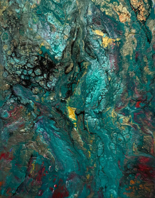 Abstract acrylic painting featuring layered turquoise, gold, crimson, and earth tones flowing across a textured surface that evokes a quiet, fluid landscape.