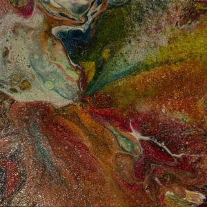 Abstract acrylic painting with molten gold, crimson, emerald, turquoise, and amber tones radiating outward in a luminous, blooming composition with layered texture.