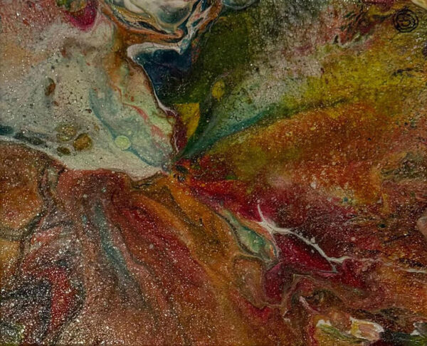 Abstract acrylic painting with molten gold, crimson, emerald, turquoise, and amber tones radiating outward in a luminous, blooming composition with layered texture.