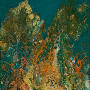 Abstract acrylic painting with turquoise, bronze, copper, and green cell-like patterns rising upward, resembling organic forms emerging through water and earth textures.