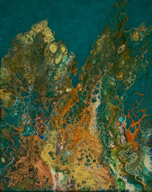 Abstract acrylic painting with turquoise, bronze, copper, and green cell-like patterns rising upward, resembling organic forms emerging through water and earth textures.