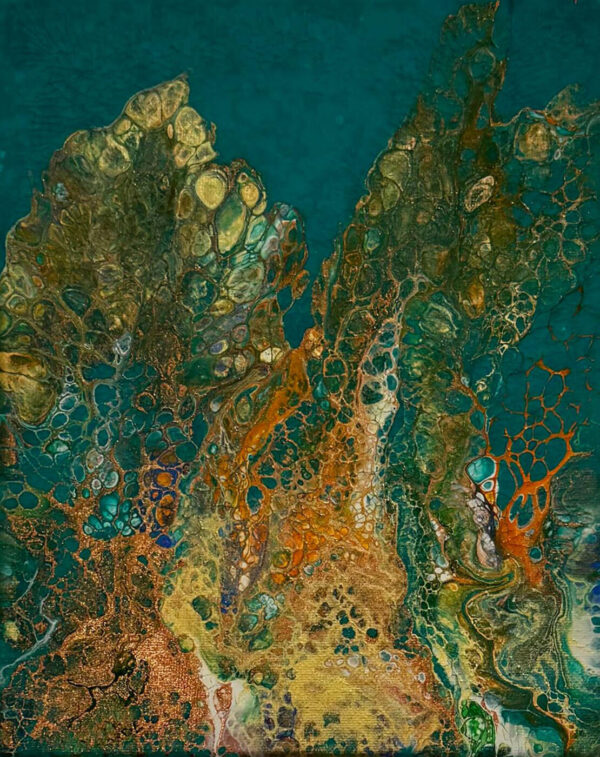 Abstract acrylic painting with turquoise, bronze, copper, and green cell-like patterns rising upward, resembling organic forms emerging through water and earth textures.