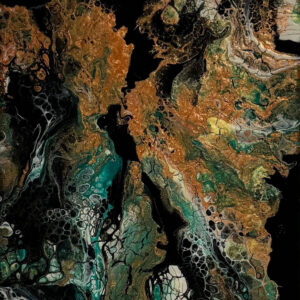 Abstract acrylic painting with deep black background and flowing veins of gold and turquoise, resembling crystalline formations emerging from darkness.