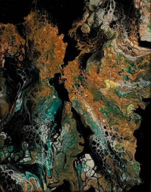 Abstract acrylic painting with deep black background and flowing veins of gold and turquoise, resembling crystalline formations emerging from darkness.