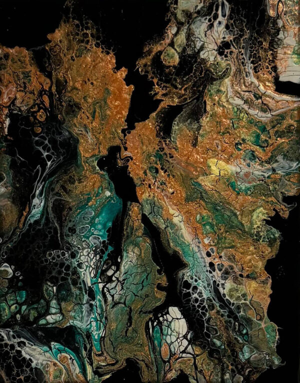 Abstract acrylic painting with deep black background and flowing veins of gold and turquoise, resembling crystalline formations emerging from darkness.