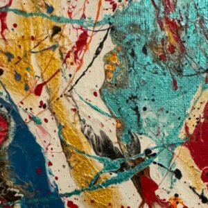 Abstract acrylic painting with flowing turquoise, ochre, and vermilion hues, layered in dynamic, celebratory motion across the canvas.