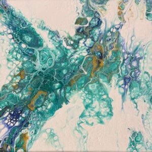 Abstract acrylic painting with flowing turquoise, seafoam, and violet hues, accented by threads of gold, evoking water in motion and luminous depth.