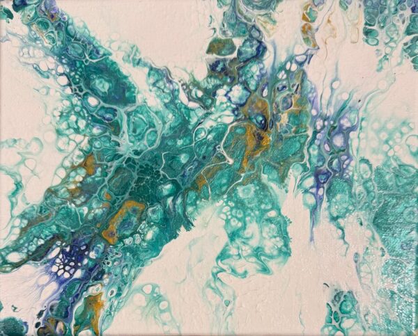 Abstract acrylic painting with flowing turquoise, seafoam, and violet hues, accented by threads of gold, evoking water in motion and luminous depth.