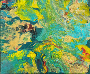 Abstract acrylic painting with flowing waves of turquoise, emerald, and flame, accented by gold, crimson, and ochre, evoking dynamic energy and luminous motion.