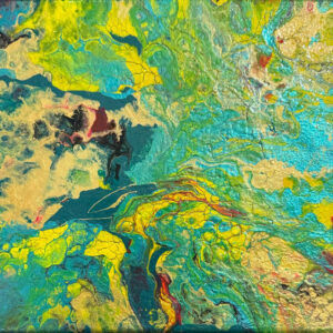 Abstract acrylic painting with flowing waves of turquoise, emerald, and flame, accented by gold, crimson, and ochre, evoking dynamic energy and luminous motion.