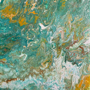 Abstract acrylic painting with swirling turquoise, ocean green, amber, and gold tones over textured white and muted yellow, evoking the calm movement of water.