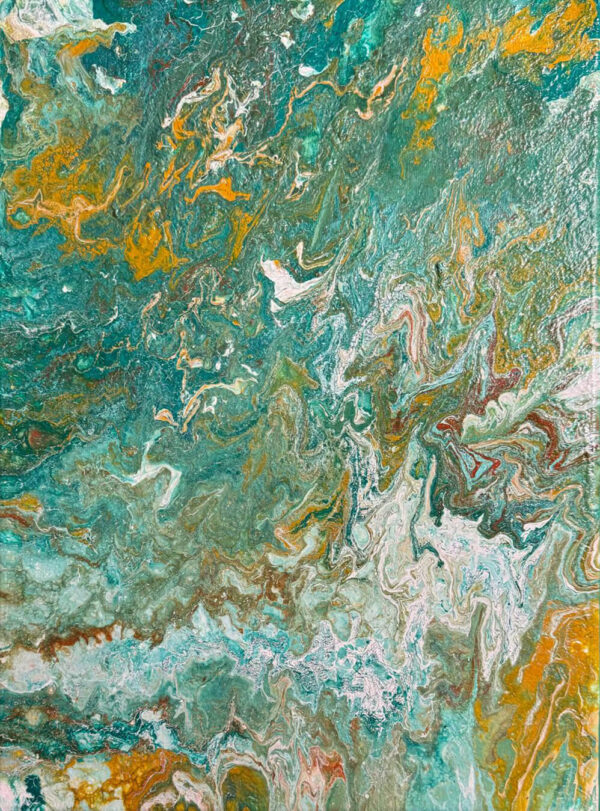 Abstract acrylic painting with swirling turquoise, ocean green, amber, and gold tones over textured white and muted yellow, evoking the calm movement of water.