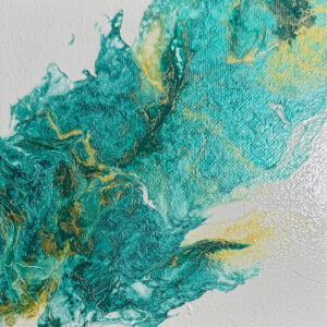 Abstract acrylic painting with teal currents flowing across a white canvas, accented with shimmering gold, evoking serene water in motion.