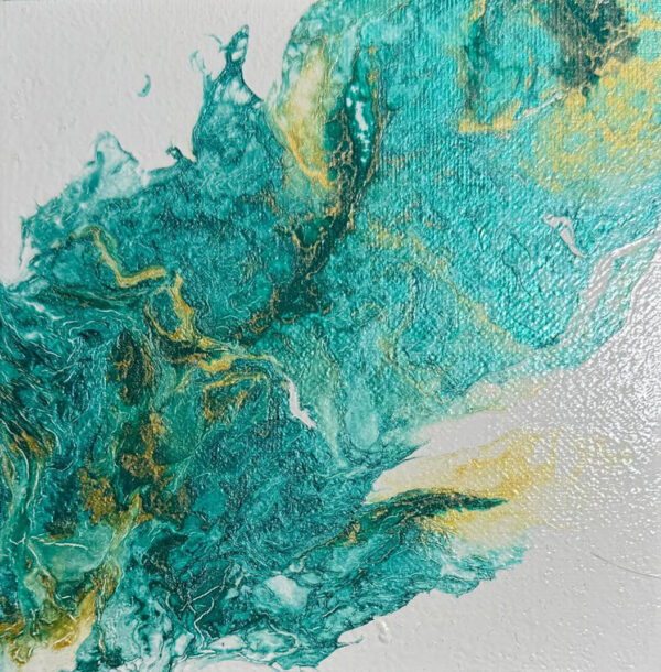 Abstract acrylic painting with teal currents flowing across a white canvas, accented with shimmering gold, evoking serene water in motion.