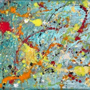 Abstract acrylic painting with bold splashes of red, gold, lime, and tangerine on a cool aqua background, accented with metallic highlights, evoking dynamic energy and motion.