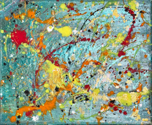 Abstract acrylic painting with bold splashes of red, gold, lime, and tangerine on a cool aqua background, accented with metallic highlights, evoking dynamic energy and motion.