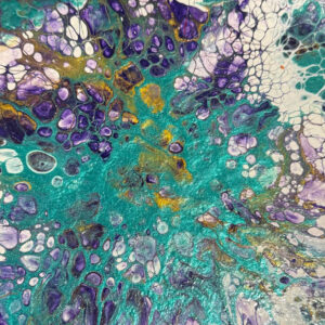 Abstract acrylic painting with flowing turquoise and amethyst hues, accented with gold flecks, featuring organic cellular textures and ethereal, luminous depth.