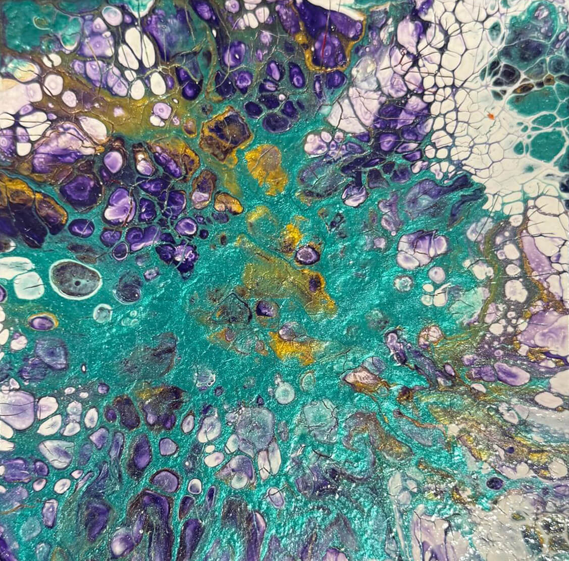 Abstract acrylic painting with flowing turquoise and amethyst hues, accented with gold flecks, featuring organic cellular textures and ethereal, luminous depth.