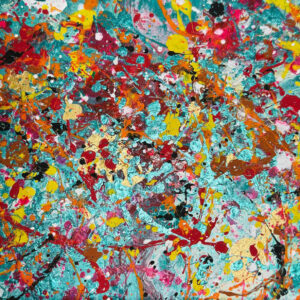Abstract acrylic painting with vivid streaks of crimson, amber, fuchsia, turquoise, and gold, layered in dynamic motion, evoking energy, chaos, and creative vitality.