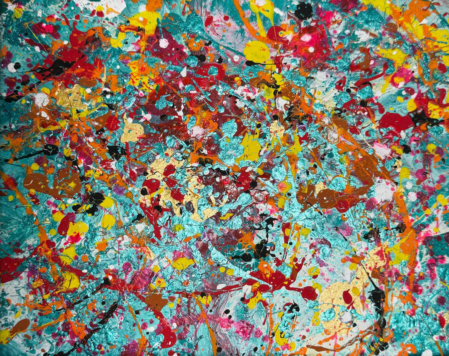 Abstract acrylic painting with vivid streaks of crimson, amber, fuchsia, turquoise, and gold, layered in dynamic motion, evoking energy, chaos, and creative vitality.