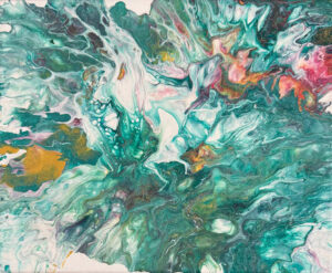 Abstract acrylic painting with flowing layers of green, turquoise, and ivory, accented with coral and gold, evoking tranquil motion and reflective serenity.